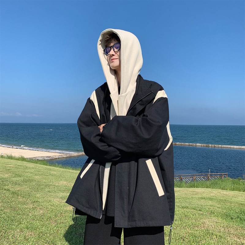 [MANYSTON series]★Jacket★ Outerwear 3color fake layered hooded unisex men's green black beige