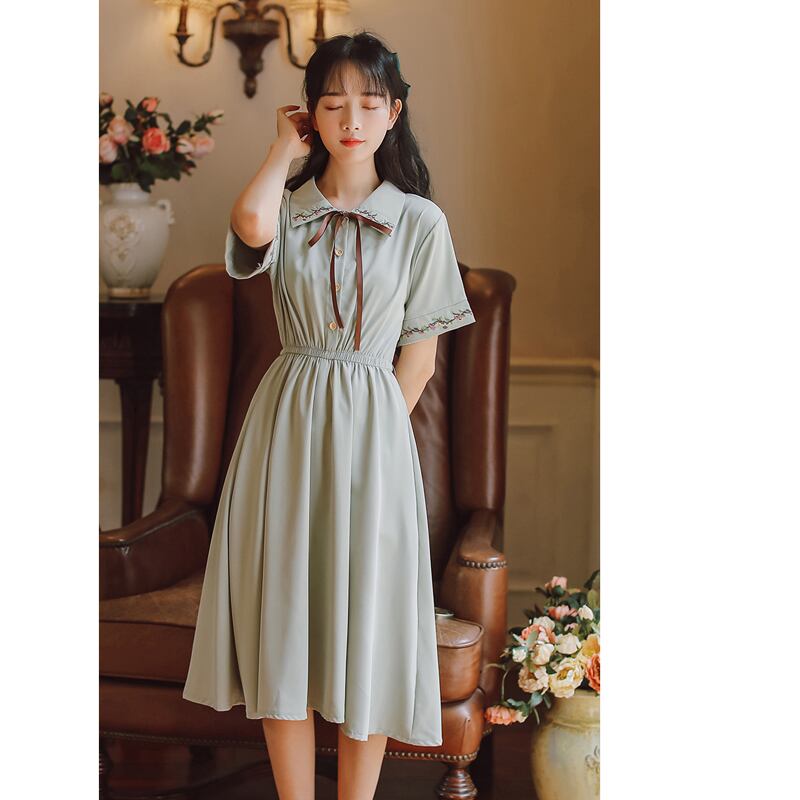 [Shukunsho series]★China style dress★2color embroidery long length short sleeve summer cute easy to match beige green