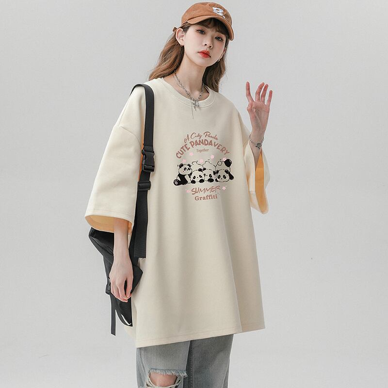 [SENSU Series]★T-shirt★ Tops 3color Unisex Men's Panda Pattern Cartoon Apricot White Coffee Color