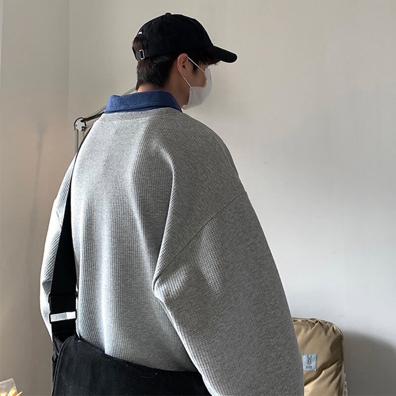 [Korekka Series] ★Tops★ 3color Faux Layered POLO Neck Casual Unisex Men's Beige Gray Black