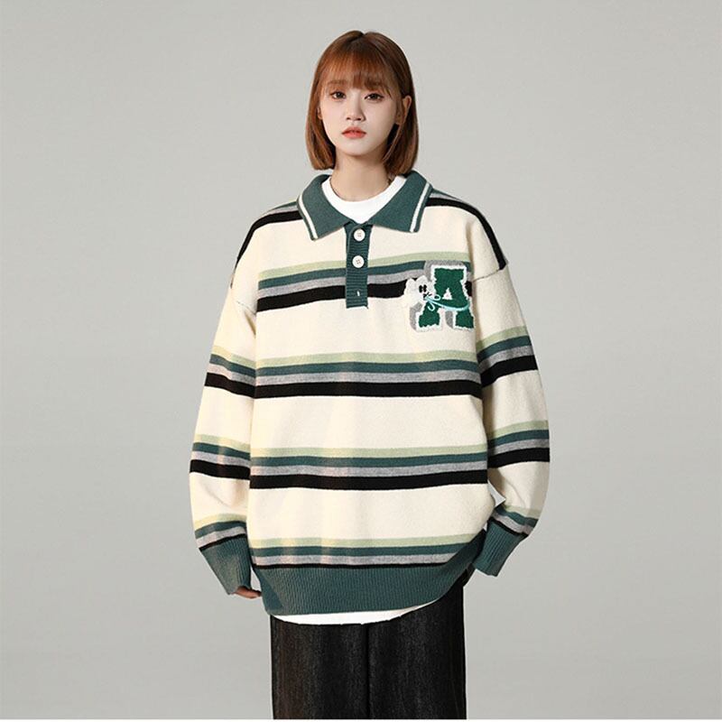 [Ushiomiomi Series] ★Sweater★ 2color Knit Tops Unisex Men's Horizontal Striped Striped Pattern POLO Neck Casual Green Blue