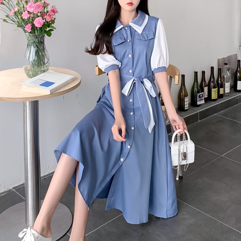 [Kodokuya Series] ★Dress★ Large size Color scheme Chiffon Ladies fashion Blue Blue Improves temperament