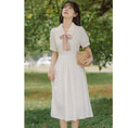 Load image into Gallery viewer, [Han Xuanwei Series] ★One Piece★ 2color Simple Cute Date Ribbon Beige Easy to Match Short Sleeve Dress
