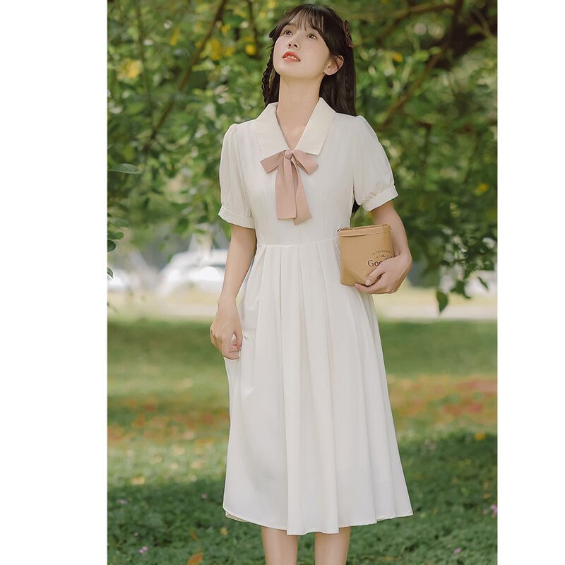 [Han Xuanwei Series] ★One Piece★ 2color Simple Cute Date Ribbon Beige Easy to Match Short Sleeve Dress