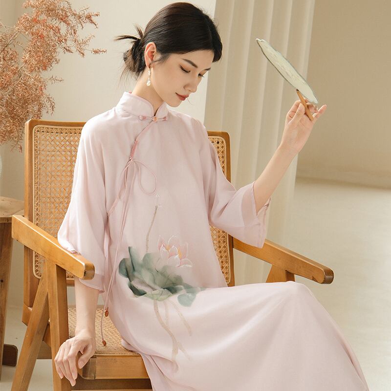 [Shimu Series] ★Chinese style dress★ Elegant Chinese clothes Tang suit Retro print Summer clothes Lotus Pink