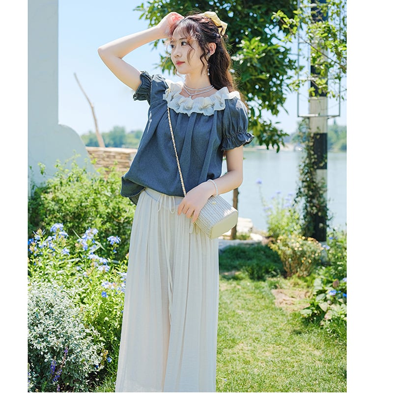 [White Sake Series] ★ Gaucho Pants ★ Bottoms Elastic Waist Plain Ladies Date Improves Temperament Simple