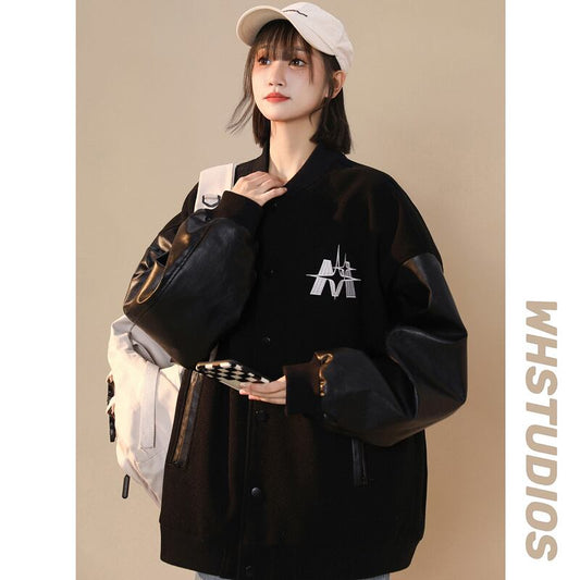 [FKZ Series] ★Jacket★ Stadium jacket unisex men's color scheme black black spring clothes cool ML XL 2XL 3XL