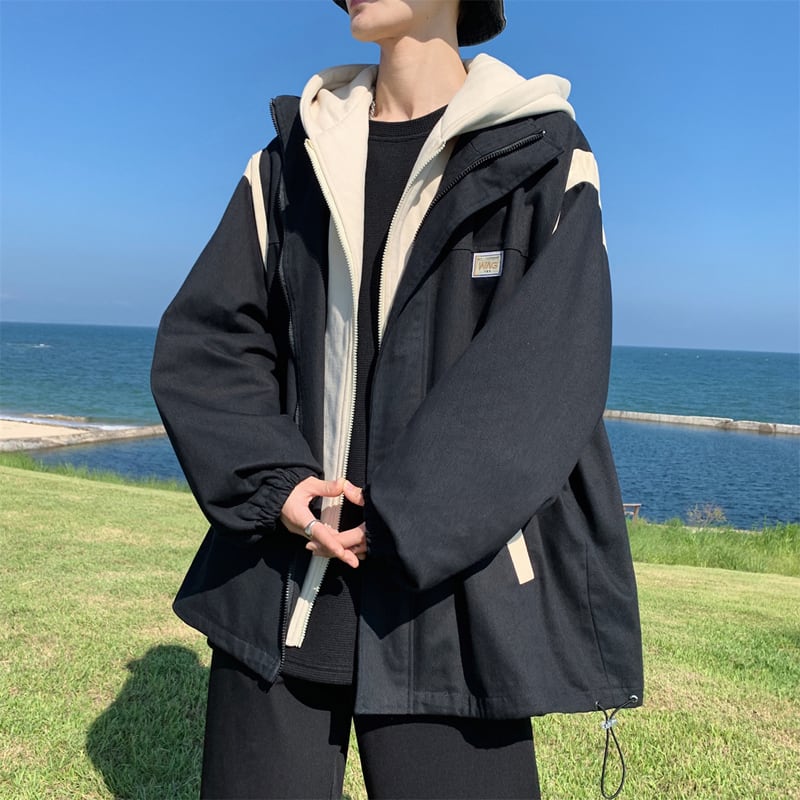 [MANYSTON series]★Jacket★ Outerwear 3color fake layered hooded unisex men's green black beige