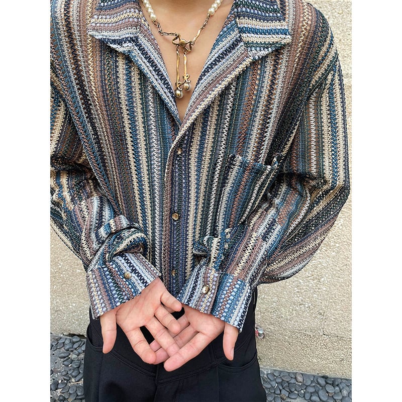 [14GSL Series]★Retro Shirt★ Tops Unisex Men's V-neck Vertical Striped Striped Pattern ML XL Cool