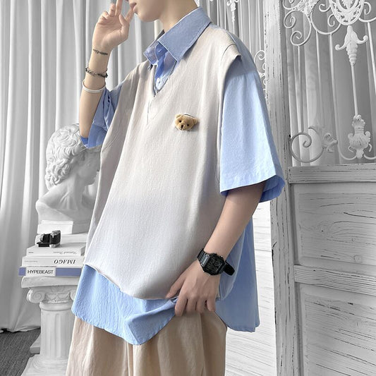 [XUSHANG Series] ★Tops★ Shirt 3color Fake Layered Bear Unisex Men's Summer Clothes Blue Black