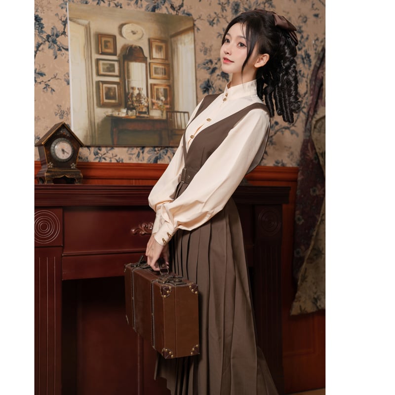 [Dusty clouds dream---Hikisoushi series] ★Sleeveless dress★ Easy to match pleated skirt coffee color retro SML