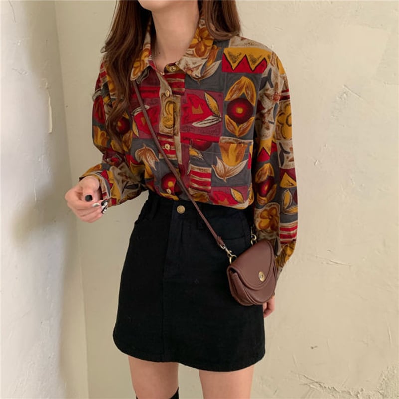 [YOUZI Series]★Retro Shirt★ Tops Printed Long Sleeve Shirt Floral Pattern Oil Painting Style Commuting Date Cute Thin