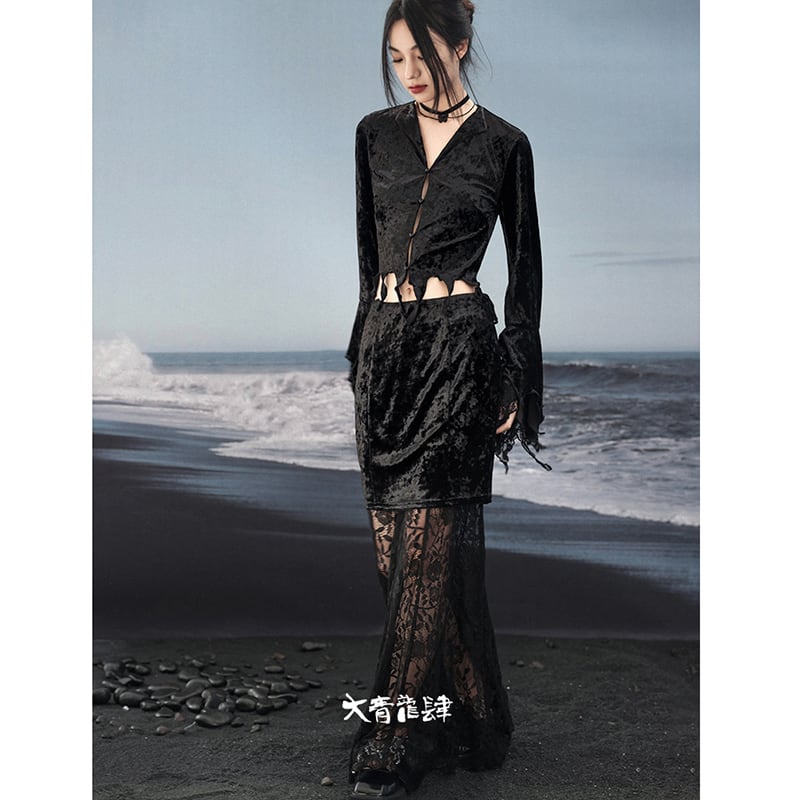 [Daiseiryusu Series] ★China style skirt★ Bottoms velvet lace switching original black black sexy