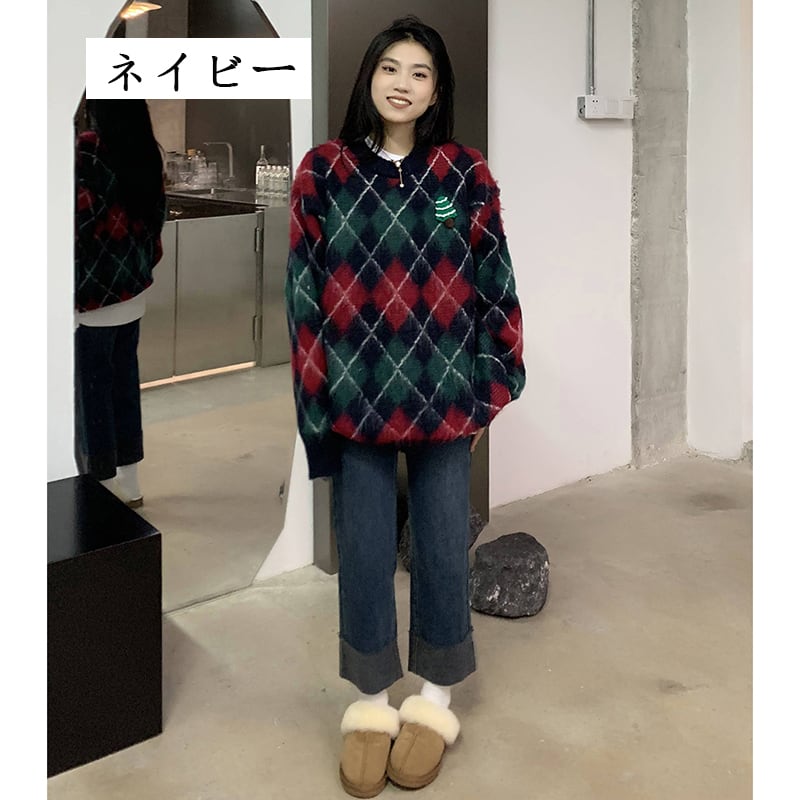 [Tachibana Koju Series] ★Sweater★ 2color knit tops Christmas rhombus cute fashion