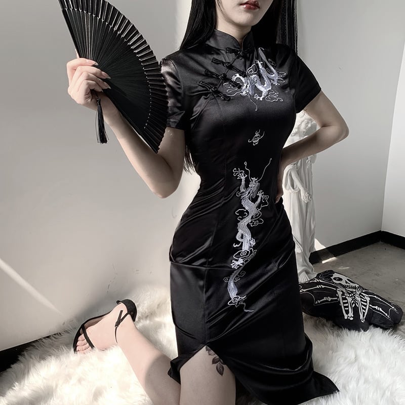 [DARK ANGEL Series]★China Dress★ One Piece Chinese Clothes Performance Clothes Embroidered Long Length SML Black Black