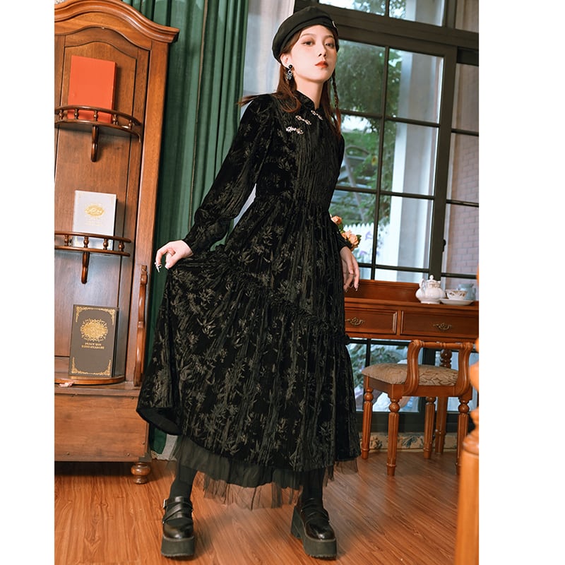 [Kokaisha --- Chichiku Series] ★China style dress★ Velvet thick black black long length