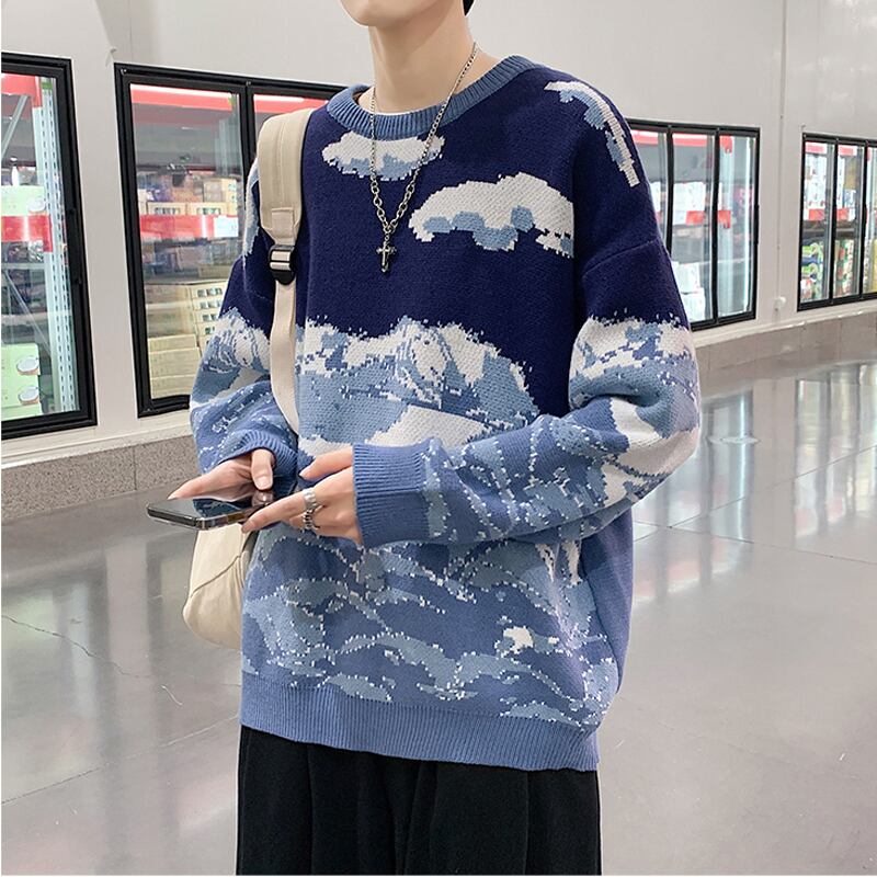 [Creation Series]★Sweater★ 2color Tops Unisex Men's Snow Mountain Blue Blue ML XL 2XL Round Neck