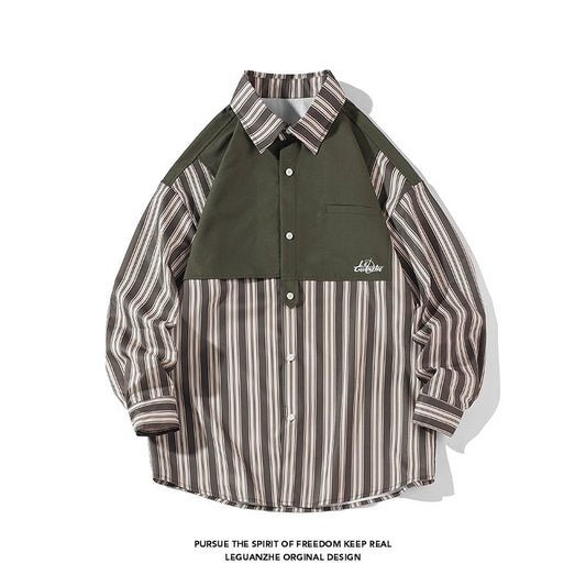 [BIGEMAN Series]★Shirt★ Tops 2color Unisex Men's Large Size Vertical Stripes Green Green Faux Layered