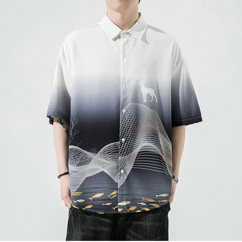 [MOWENZHAI Series] ★China Style Shirt★ Ink Pattern Short Sleeve Shirt Tops Unisex Men's Large Size