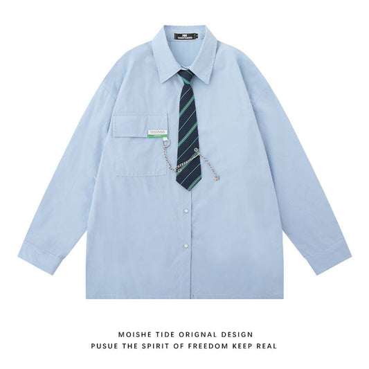 [MOISHE TIDE Series]★Shirt with tie★ 2color tops, long sleeve shirts, easy to match, unisex, men's, white, blue