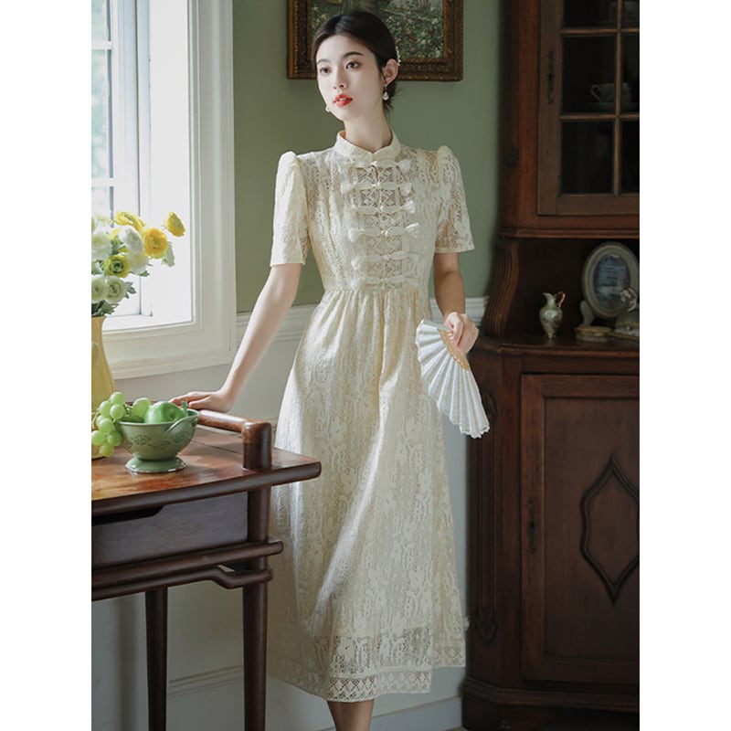 [BAIRIMENG Series]★China style dress★ Lace dress Improved Chinese dress Summer clothes Beige