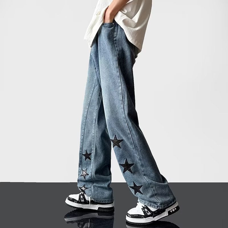 [High Series]★Denim Pants★ Pants Bottoms Unisex Men's Star Pattern Retro Blue Blue SML XL 2XL 3XL