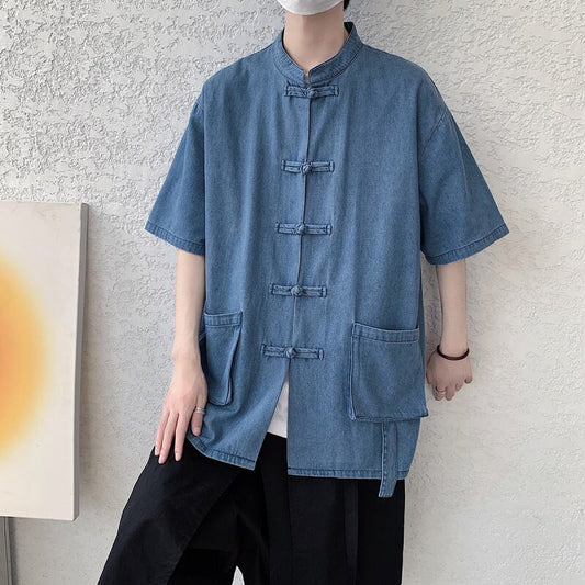 [YISHUO Series]★Chinese style shirt★ 2color Unisex Men's Large Size Denim Shirt Chinese Clothes Blue