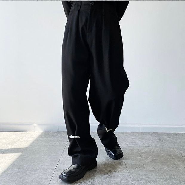 [Illustrated series]★China style pants★Bottoms China button black black unisex men's casual pants