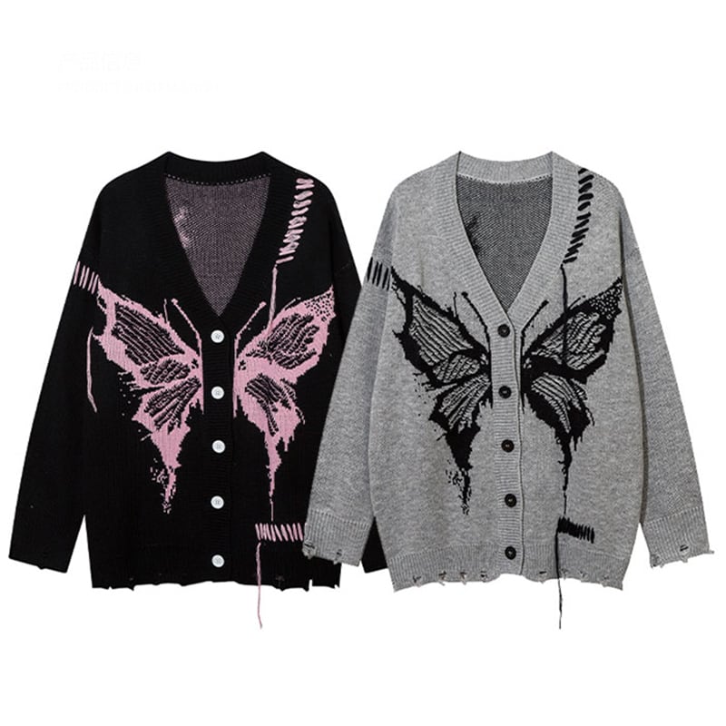 [KKYESIOU Series]★Sweater★ 2color Cardigan Tops Unisex Men's Butterfly Black Gray