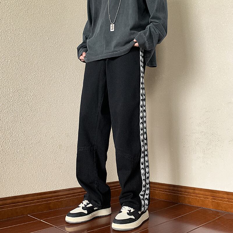 [High Series]★Casual Pants★ 2color Trousers Bottoms Denim Pants Vertical Stripes Plaid Pattern Blue Black