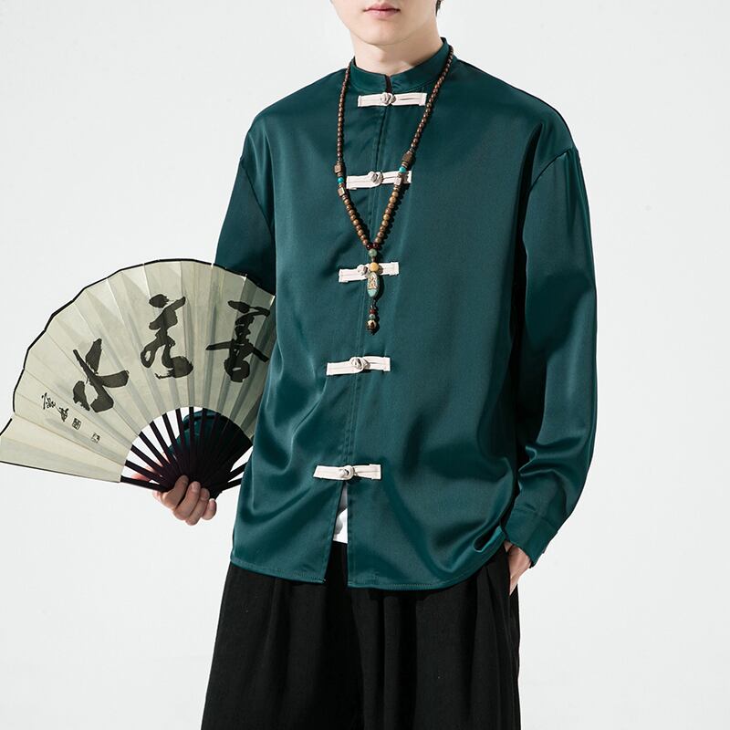 [Small trouble series]★China style shirt★3color tops unisex men's large size black green red satin