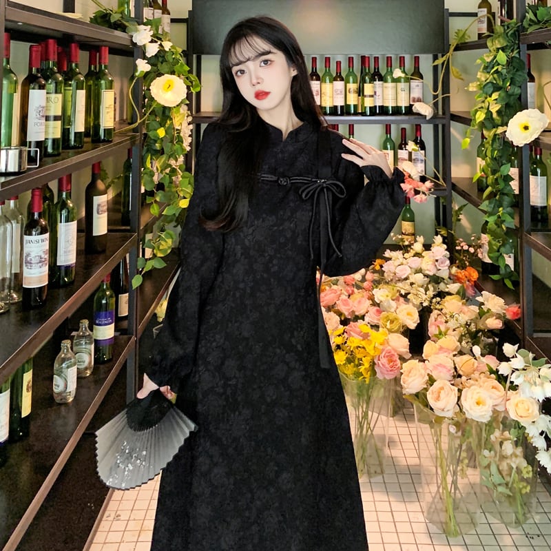 [Dong Xiaojie Series] ★Chinese style dress★ Large size Chinese clothing Black Black Cute Improved cheongsam dress