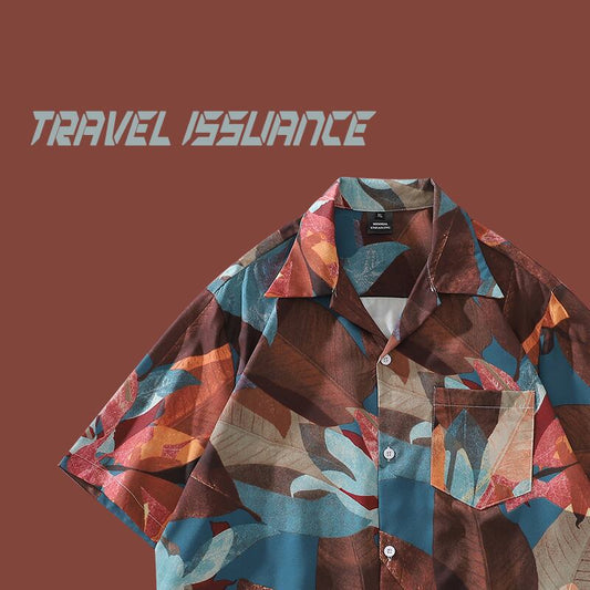 【TRAVEL ISSUANCEシリーズ】★シャツ★ 男女兼用 プリント 油絵風 半袖トップス 夏 ブラウン M L XL 2XL