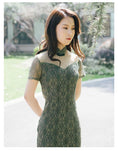 Load image into Gallery viewer, Chinese dress, One-piece dress, Improved Chinese dress, Chinese style clothing, Stand neck, Short sleeves, Long length, Elegant, Slimming, Elegant, Large size, SML, XL, 2XL, 3XL, Lace, Green, Green
