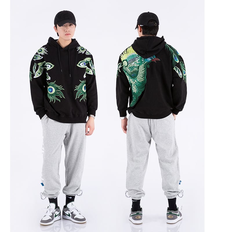 [Machiha clan series] ★Embroidery Chinese style hoodie★ 2color black or white peacock original cool