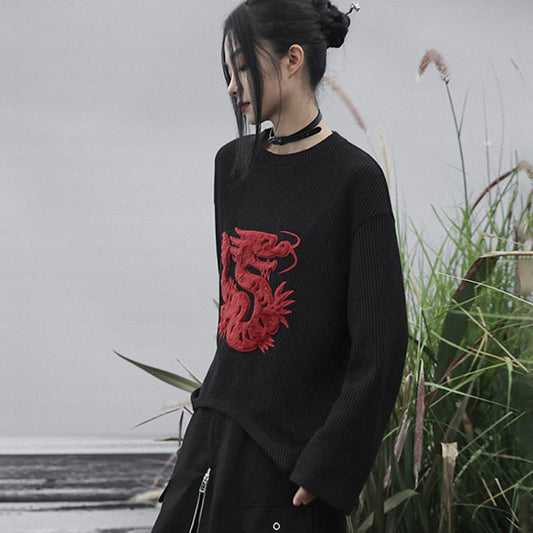 [Big Blue Dragon Series] ★Chinese style sweater★ Knit tops Dragon crest Chinese clothing Black Black Irregular