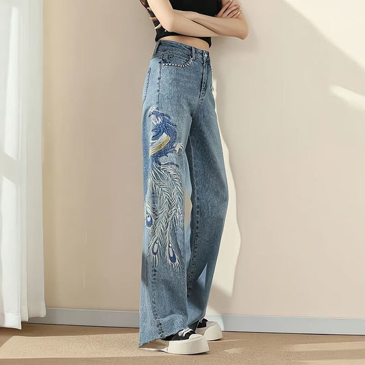 [HANMOYAN Series]★Denim Pants★ Trousers Bottoms Embroidery Phoenix Spring/Summer Slimming Ladies Blue Blue