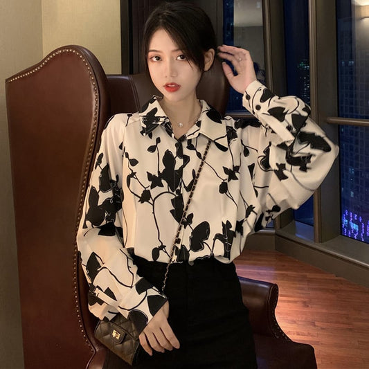 [YOUZI Series] ★Floral Pattern Shirt★ Tops Printed Long Sleeve Shirt Retro SML XL 2XL Thin Date Commuting