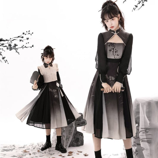 [Hanru's first --- Plum ink incense series] ★Chinese style setup★ 2-piece set Vest + dress Chinese clothes cute