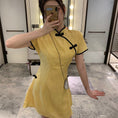 Load image into Gallery viewer, Chinese-style dress, Chinese-style clothing, Chinese clothing, improved Tang clothing, improved Chinese clothing, stand neck, short sleeves, short length, cute, everyday wear, cheap SM, yellow, yellow
