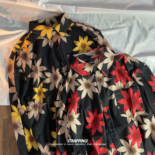 [STRAPPING Series]★Shirt★ 2color Tops Unisex Men's Leaf Maple Floral Pattern Thin Retro Chiffon