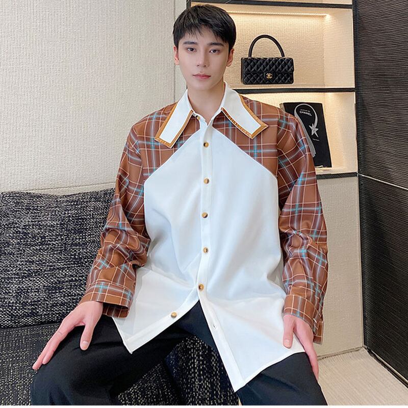 [Illustrated Series]★Shirt★ Tops Unisex Men's Spring Clothes Long Sleeve Shirt Switching Plaid Pattern Faux Layered