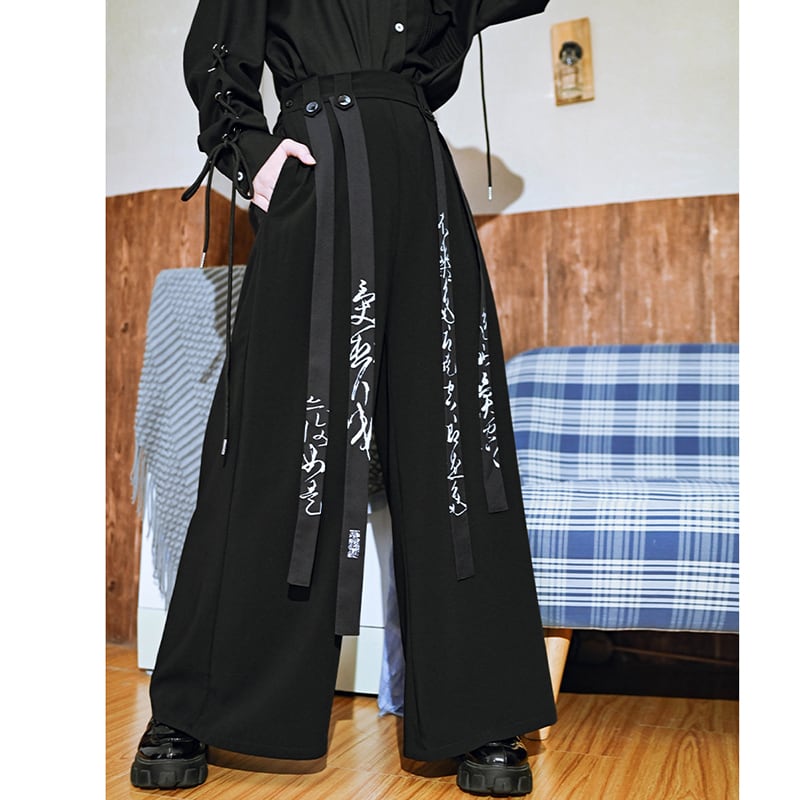 [Old Monster --- Preface Series] ★China style trousers★ Bottoms Spring/Autumn type Gaucho pants Text pattern Black Black