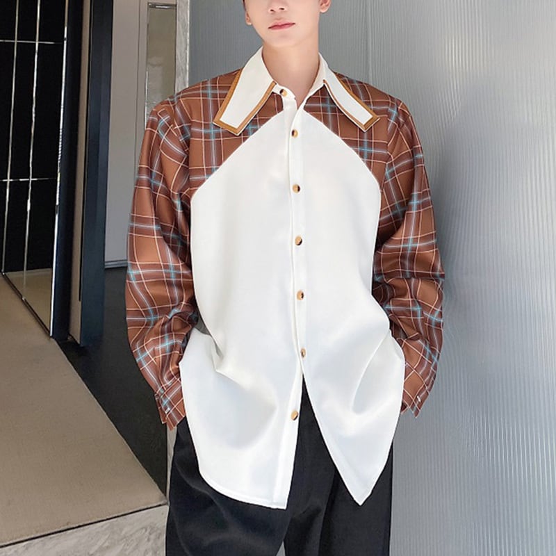 [Illustrated Series]★Shirt★ Tops Unisex Men's Spring Clothes Long Sleeve Shirt Switching Plaid Pattern Faux Layered