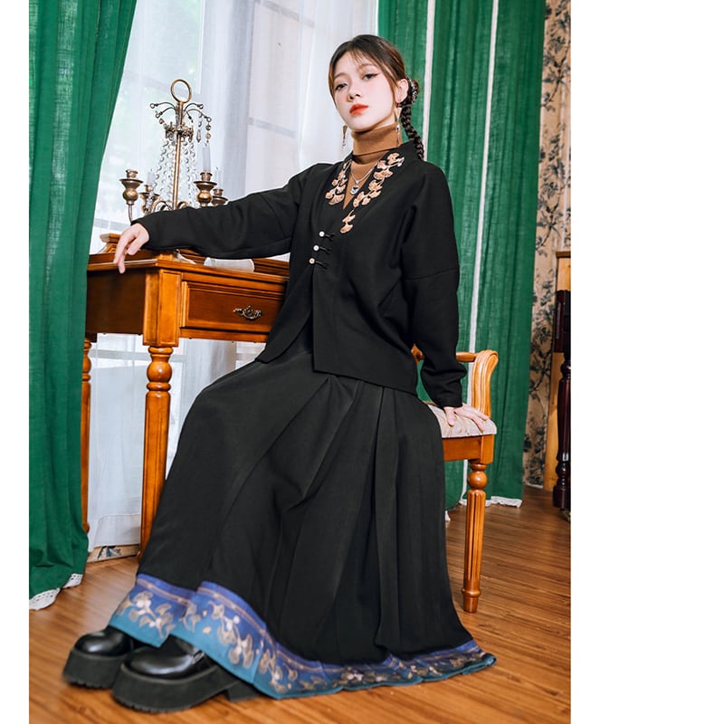 [Kokaisha --- Leaf Collection Series] ★Chinese style skirt★ Bottoms Hanfu skirt Switching Black Black