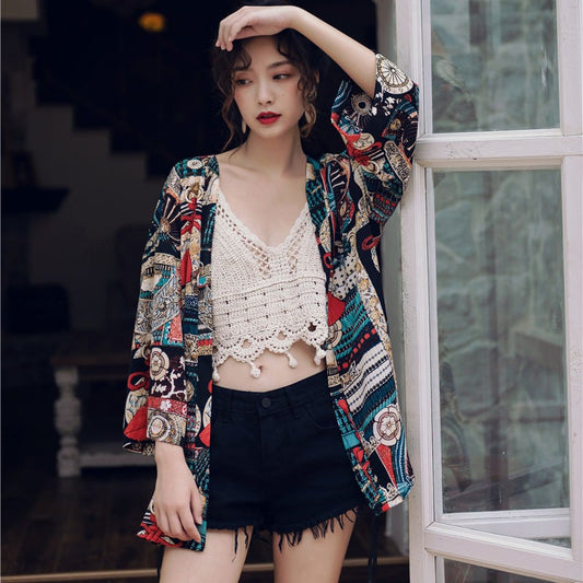 [Akino Shinsho Series]★China style happi coat★ Tops Sun protection Cool Summer Loose Print Ethnic style Retro