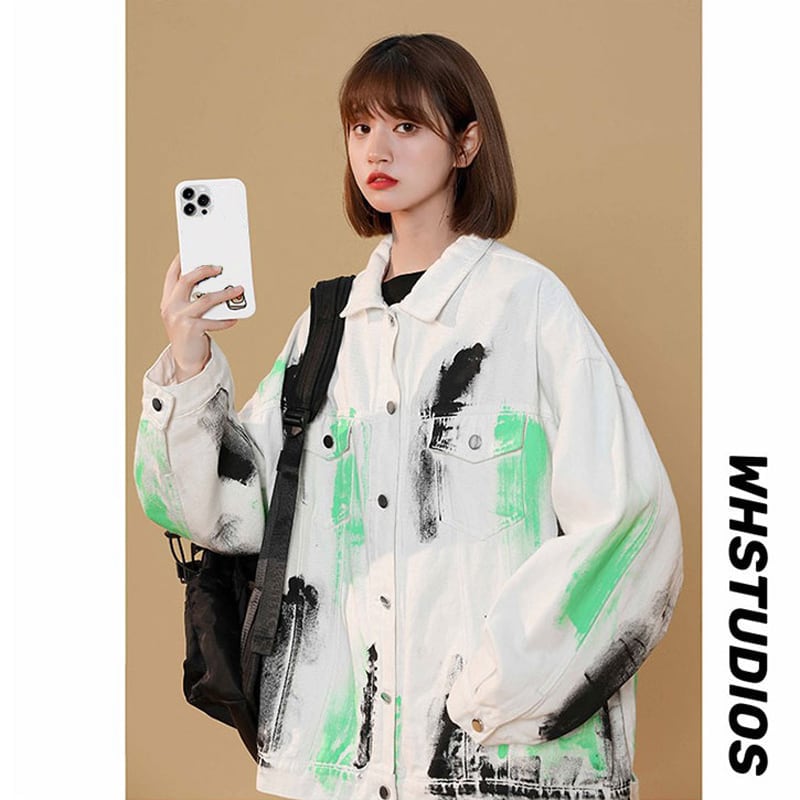 [Fujiiman Series] ★Jacket★ 2color outer denim unisex graffiti unique couple clothes retro oversize