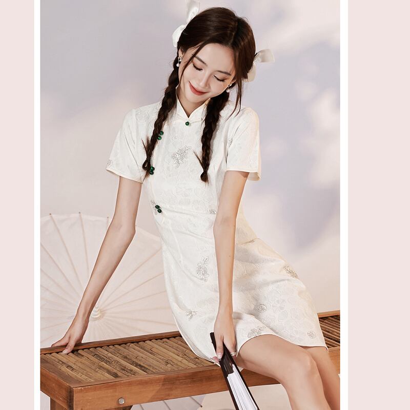 [YUEQIAO series]★Cheongsam dress★Short length Chinese style dress White White Cute Slimming look