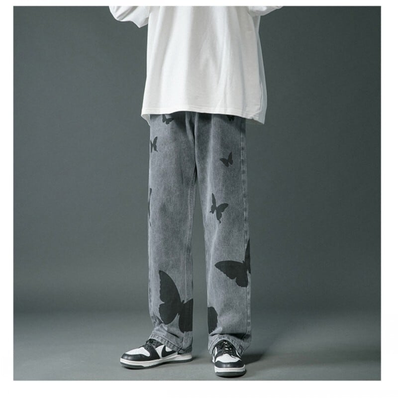 [Snow Qiongsi Series]★Denim Pants★ 2color Bottoms Pants Unisex Men's Butterfly Print Unique Black Blue