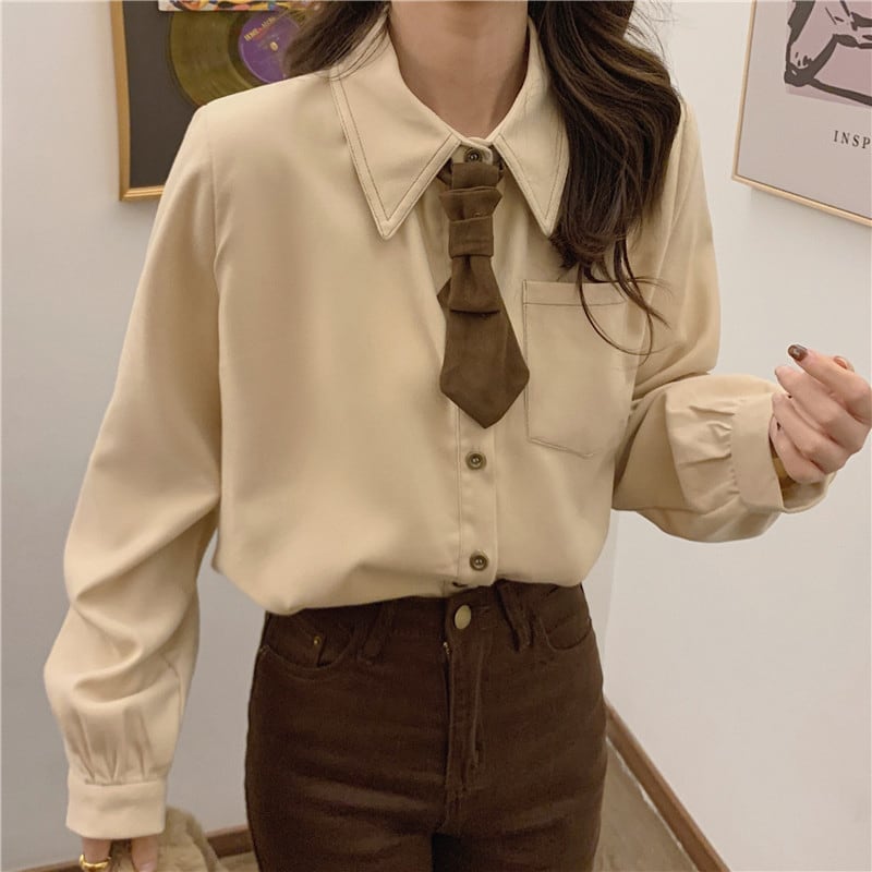 [Koshinke Series]★Shirt with tie★ Tops 3 colors Cute Easy to match Beige Light brown Pink